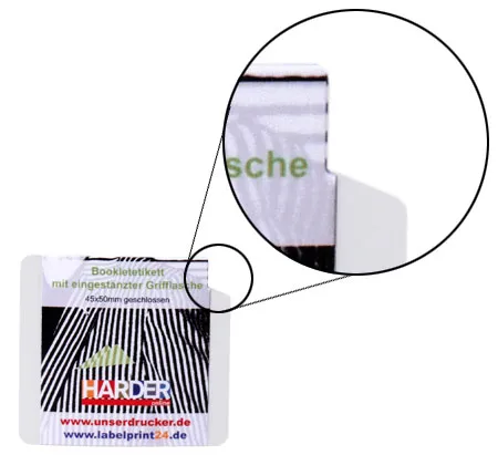Bookletetikett mit eingestanzter Grifflasche Bookletetikett mit eingestanzter Grifflasche