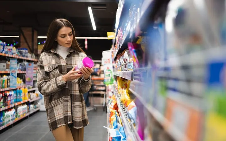 Frau im Supermarkt liest Etikett auf Produktverpackung Frau im Supermarkt liest Etikett auf Produktverpackung