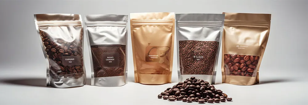 Diversi doypack trasparenti per caffè