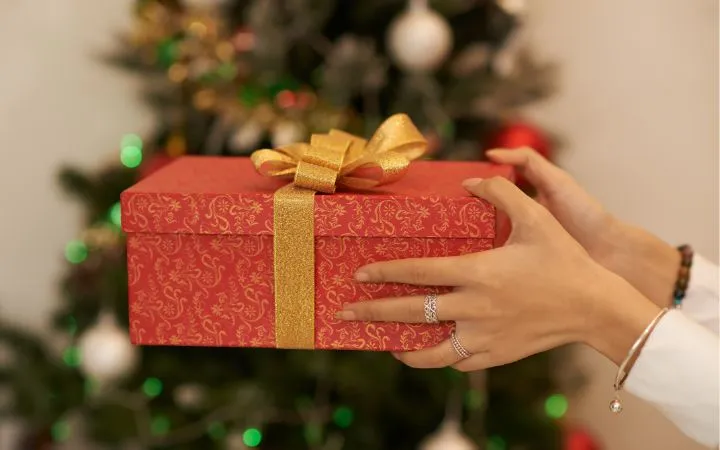 woman holding printed christmas box woman holding printed christmas box