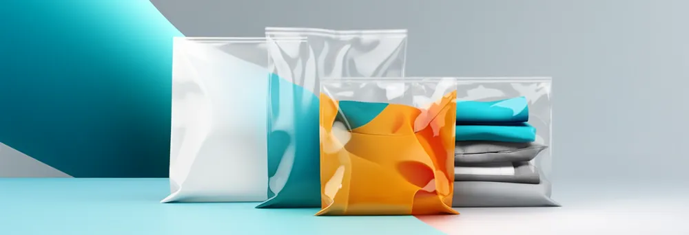 Vier verschiedene Polybags mit verschiedenen Größen vor einem blauen Hintergrund Vier verschiedene Polybags mit verschiedenen Größen vor einem blauen Hintergrund