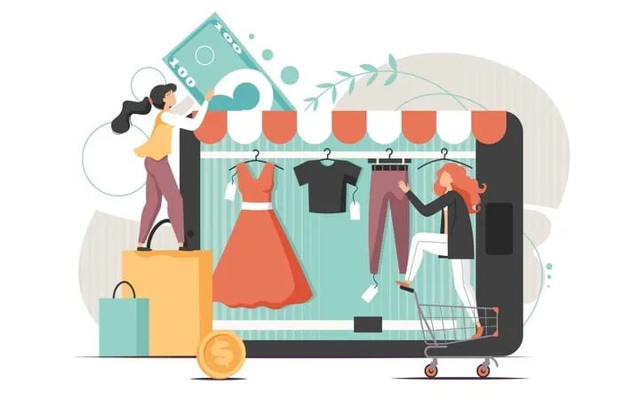 Illustration von E-Commerce mit Shopping auf Smartphone Illustration von E-Commerce mit Shopping auf Smartphone