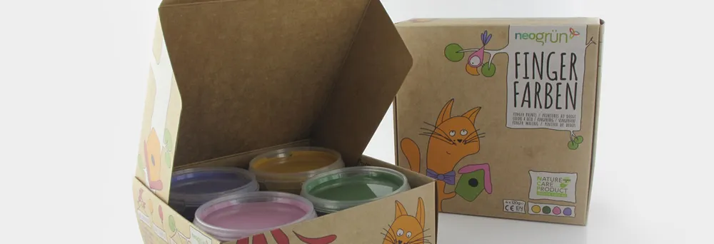Nachhaltige Faltschachtel für Fingerfarben Nachhaltige Faltschachtel für Fingerfarben