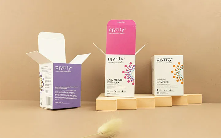 Drei Faltschachteln aus Chromokarton für Nahrungsergänzungsmittel Drei Faltschachteln aus Chromokarton für Nahrungsergänzungsmittel