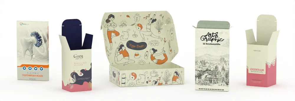 Verschiedene Arten von Faltschachteln aus Graskarton bedruckt Verschiedene Arten von Faltschachteln aus Graskarton bedruckt