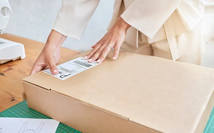 Frau klebt Versandetikett auf Karton Frau klebt Versandetikett auf Karton