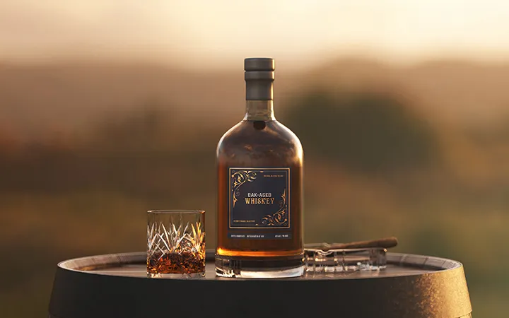 Whiskeyflasche mit bedrucktem Etikett Whiskeyflasche mit bedrucktem Etikett