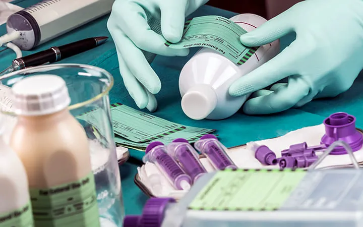 Flasche für Medizin wird mit Etikett beklebt Flasche für Medizin wird mit Etikett beklebt