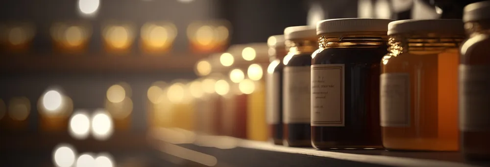 Honiggläser mit Etiketten auf Regal Honiggläser mit Etiketten auf Regal