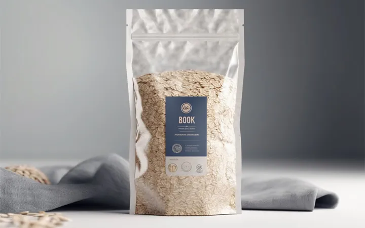 Etichetta in pellicola su una confezione di farina d'avena Etichetta in pellicola su una confezione di farina d'avena