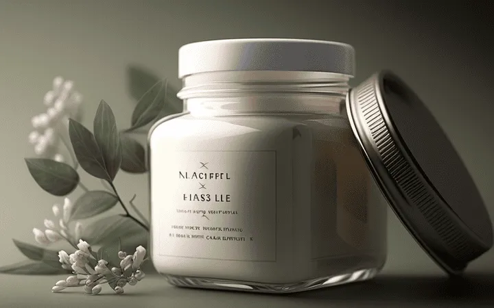 Weißes Kosmetiketikett aus Kunststoff auf einer Glasverpackung  für Creme Weißes Kosmetiketikett aus Kunststoff auf einer Glasverpackung  für Creme