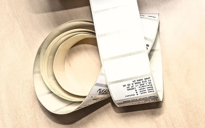 Eine Rolle mit rechteckigen Thermoetiketten aus Papier Eine Rolle mit rechteckigen Thermoetiketten aus Papier