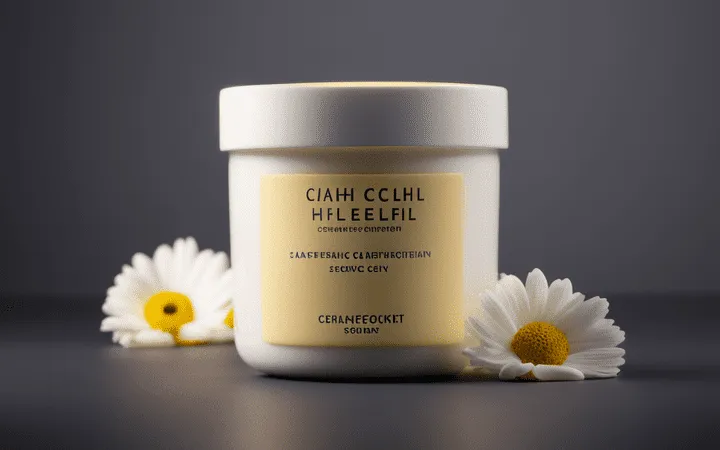 Weiße Kunststoffverpackung für Creme mit Gänseblümchen  Weiße Kunststoffverpackung für Creme mit Gänseblümchen